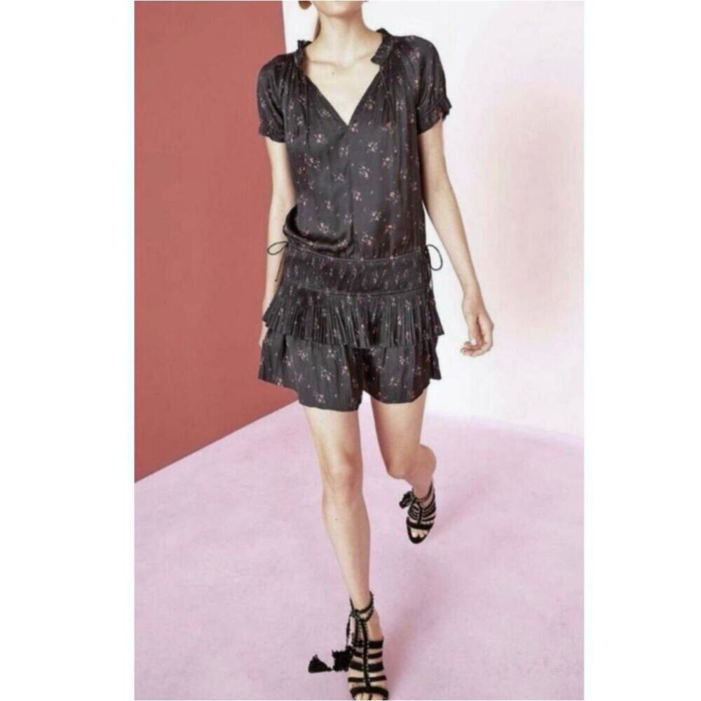 Ulla Johnson Nora Black Floral Satin Plisse Pleated Mini Dress 6 $520